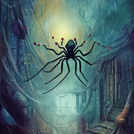 Image similar to arachnophobia, acrilic paint, digital, artstation, detailed intricate ink illustration, heavenly atmosphere, digital art, overdetailed art, concept art, complementing colors, trending on artstation, cgstudio, the most beautiful image ever created, dramatic, subtle, details, award winning artwork, beautiful scenery