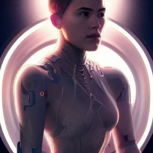 Image similar to Ava from Ex Machina (2014), intricate, headshot, highly detailed, digital painting, artstation, concept art, sharp focus, cinematic lighting, illustration, art by artgerm and greg rutkowski, alphonse mucha, cgsociety