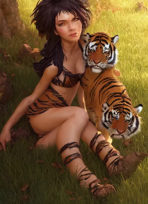 Image similar to nidalee with a tiger, au naturel, hyper detailed, digital art, trending in artstation, cinematic lighting, studio quality, smooth render, unreal engine 5 rendered, octane rendered, art style by klimt and nixeu and ian sprigger and wlop and krenz cushart