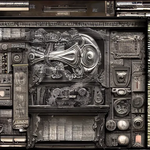 Image similar to Steam computer in ancient time used by ape, highly detailed, highly realistic, artstation, by Hans Giger