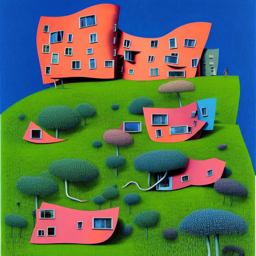 Prompt: surreal glimpse into other universe, a house by frank gehry on an island, summer morning, very coherent and colorful high contrast, art by!!!! gediminas pranckevicius!!!!, geof darrow, floralpunk screen printing woodblock, dark shadows, hard lighting, stipple brush technique,