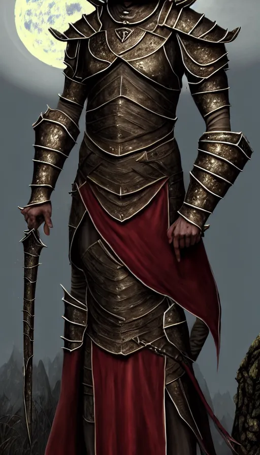 Image similar to hyperrealistic full body image of morrowind dunmer male nerevarine in front of balmora, red eyes, 3 / 4 portrait, symmetrical face, handsome face, full body dnd character portrait, medieval armor, morrowind armor, oblivion armor, skyrim armor, eso armor, intricate, highly detailed, elegant, 4 k, artstation, deviantart