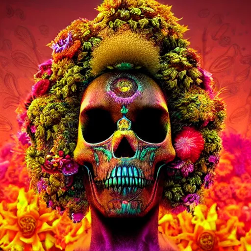 Image similar to a golden skull face african marijuanna shaman with an afro made of flowers, third eye art art by machina infinitum, complexity from simplicity, rendered in octane, mandelbulb 3 d, ambient occlusion, macro photography, felt!!! texture, tribal, neon! retrowave
