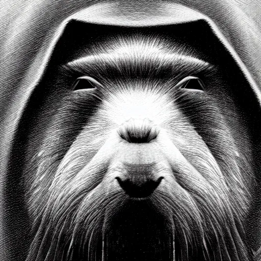 Image similar to a portrait of a capybara wearing a black hood, cloak covering face, anatomically correct, beautiful perfect face, enigmatic, oil painting, matte, black background, volumetric dynamic lighting, highly detailed, cinematic lighting, unreal engine, 8 k, hd, by beksinski