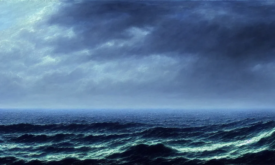 Image similar to a cinematic hyperrealism highly detailed photograph of blue ocean, by caspar david friedrich, trending on artstation