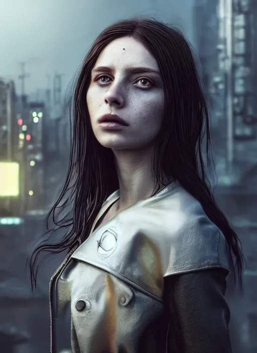 Image similar to 3 / 4 portrait, emma thorpe, crown, futuristic clothing, brunette, id magazine, hyperrealism, detailed textures, photorealistic, 3 d cyberpunk apocalyptic city, ultra realistic, cinematic, intricate, cinematic light, unreal engine 8 k, octane render, unreal engine, david kostic, artgerm