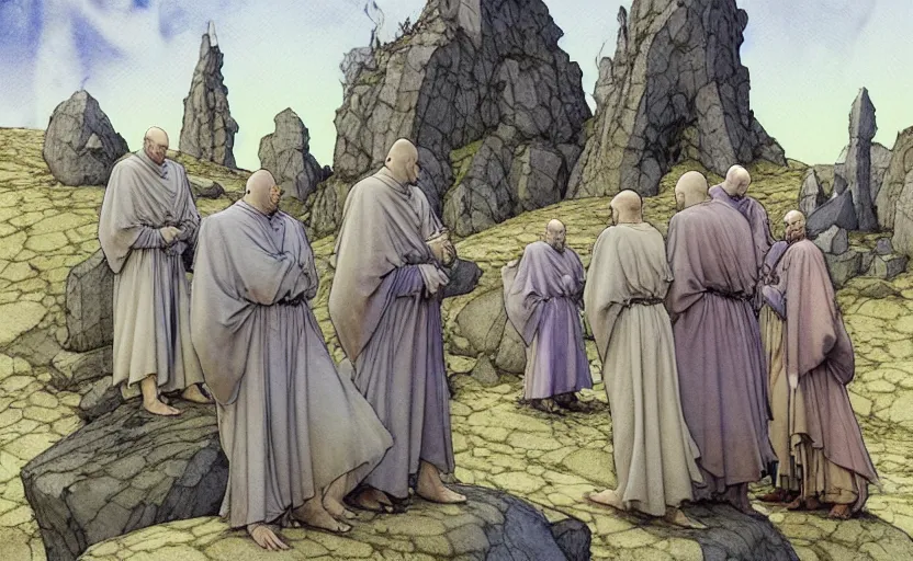 Prompt: a hyperrealist watercolour concept art of a group of medieval monks in grey robes pointing up at a large stone monument floating in the sky. by rebecca guay, michael kaluta, charles vess and jean moebius giraud. high detail, hq, wide shot
