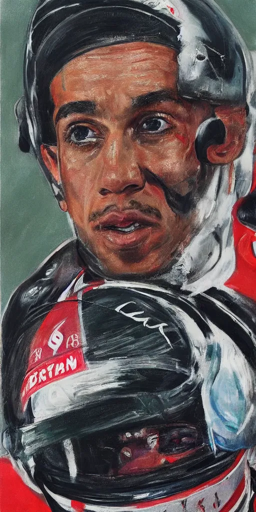 Prompt: A portrait of Lewis Hamilton in his racing uniform by Francis Bacon