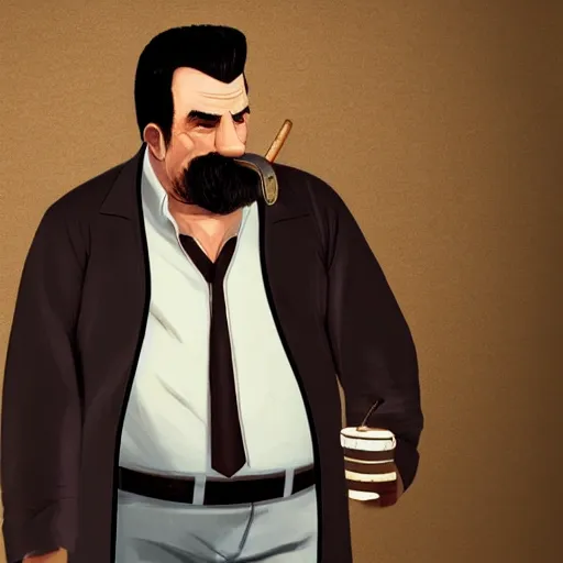 Image similar to a midage italian male, beardless, short black hair with gel, overweight, fine white shirt, leather belt, black pants, leather shoes, smoking a cigar, full body, gta v style, concept art, highly detailed, hyper realistic, unreal engine