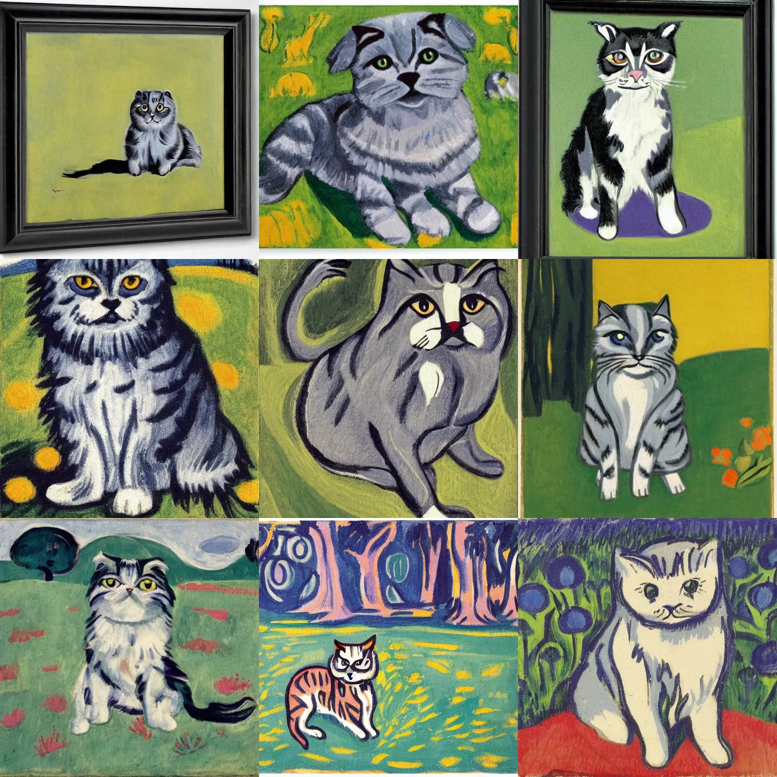 Image similar to a gray scottish fold sitting in the middle of sunny meadow, by ernst ludwig kirchner