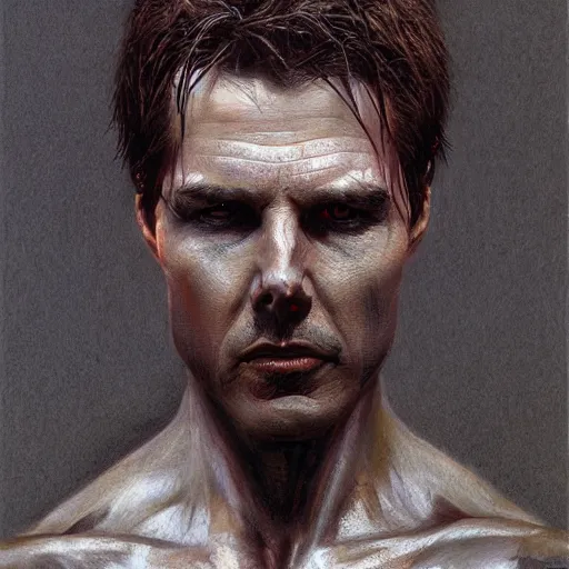 Image similar to portrait of demonic Tom Cruise in hood and crown of thorns, dark fantasy, Warhammer, artstation painted by Zdislav Beksinski and Wayne Barlowe