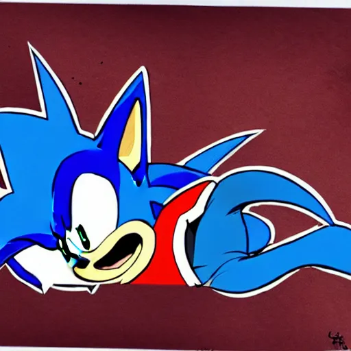 Prompt: a terrifying flat cel shaded drawing of sonic the hedgehog, creepypasta, silent hill, atmospheric, upside-down