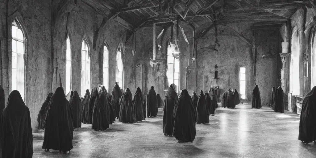 Prompt: house hall with 1 0 old women wearing black hooded cloaks, evil, black and white, lurking, looking at the camera, fear, dramatic lighting