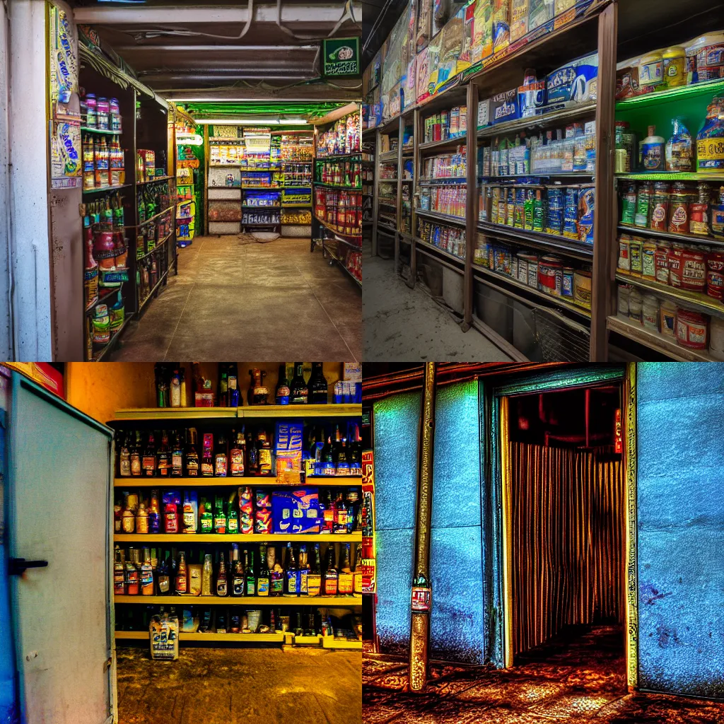 Prompt: bodega in a corner of the backrooms. chromatic aberration, 4K photo, slight motion blur