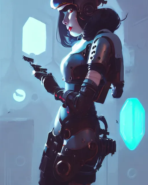 Image similar to portrait of cute goth girl in cyber armor, warhammer, by atey ghailan, by greg rutkowski, by greg tocchini, by james gilleard, by joe fenton, by kaethe butcher, dynamic lighting, gradient light blue, brown, blonde cream and white color scheme, grunge aesthetic