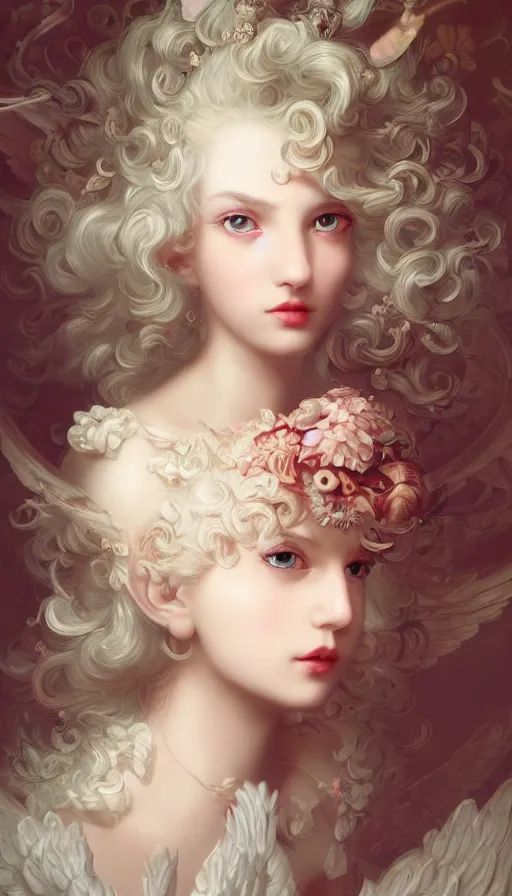 Image similar to pop surrealism, rococo, baroque hair, angelic young female seductive - fine - face, pretty face, key visual, realistic shaded perfect face, fine details by stanley artgerm lau, wlop, nekro, james jean, andrei riabovitchev, marc simonetti, and sakimichan, trending on artstation