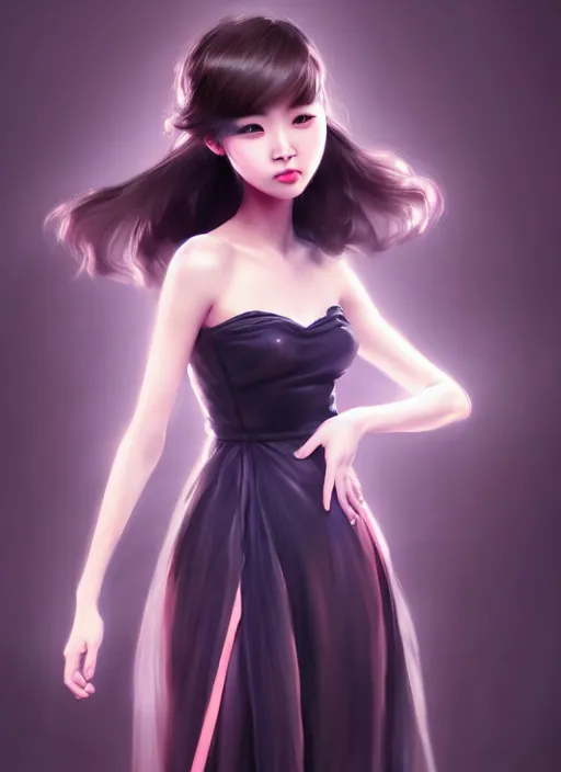 Image similar to beautiful fashion chinese girl like animation, strapless dress, character portrait in the style of thomas river and artgerm, wlop, cinematic lighting, hyperdetailed, 8 k realistic, symmetrical, global illumination, radiant light, halo, love and mercy, frostbite 3 engine, cryengine, dof, trending on artstation, digital art, chanel