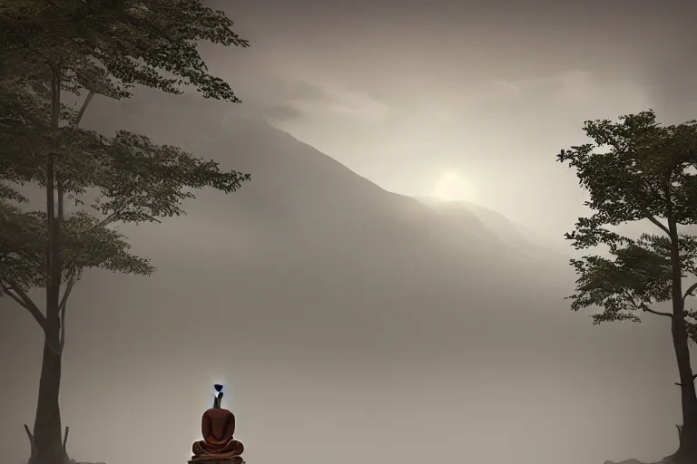 Prompt: beautiful buddhist temple, mountain location, fog, serene, artstation, trending, monk by quentin mabille