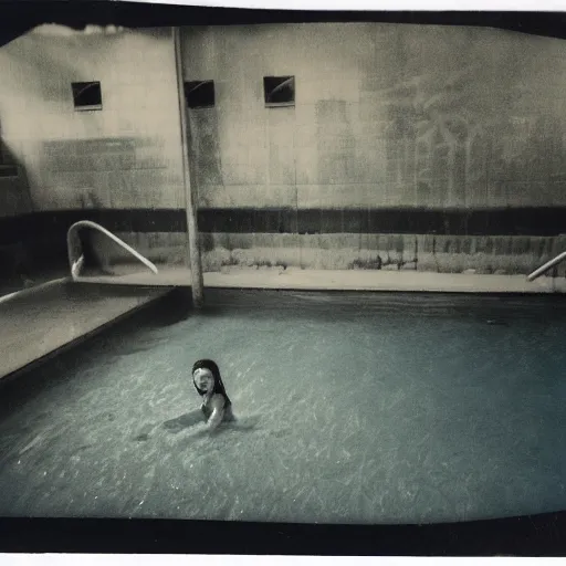 Prompt: abandoned indoor water park with strange creatures lurking, polaroid photo
