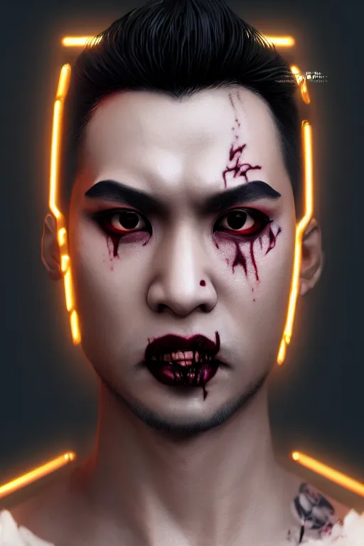 Prompt: 3 / 4 portrait, male asian vampire of clan banu haqim, from vampire the masquerade, night, crop top, beautiful, in a modern city, neon signs, jewelry, tattoos, artstation, william bouguereau, rossdraws, greg rutkowski, super detailed, realistic, octane render, volumetric, cinematic, 8 k