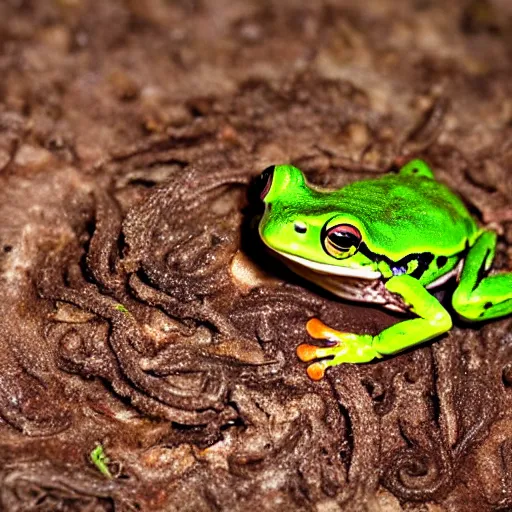 Image similar to frog in dung, macro photography