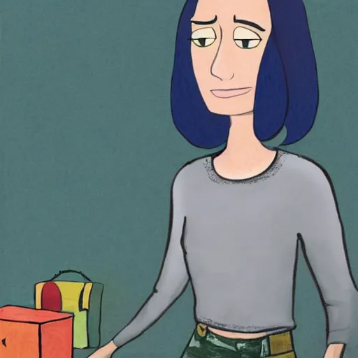 Image similar to portrait of lena headey as amelia from infinity train wearing a grey jumper and blue jeans, art by owen dennis,