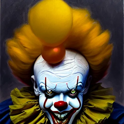Image similar to portrait of pennywise the clown from it. demonic cenobite. sharp yellow teeth. holding a red balloon. oil painting by lucian freud. path traced, highly detailed, high quality, j. c. leyendecker, drew struzan tomasz alen kopera, peter mohrbacher, donato giancola