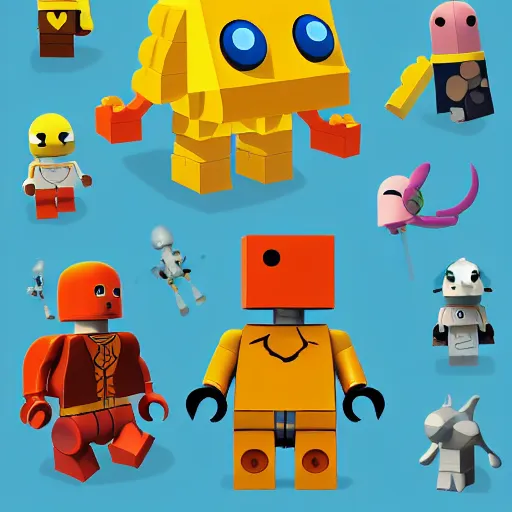 Image similar to tiny mixels creature, square, big round cute eyes, quadrupedal, cute looking, blocky shape, kawaii, sharp focus, character sheet, game concept art, blocky, lego, flat toon style like katamari damacy inspired, pokemon inspired, promotional poster art