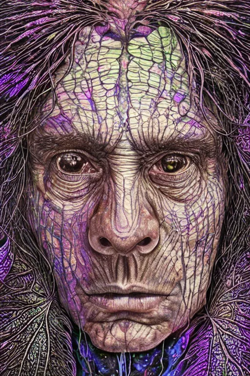 Image similar to dark portrait of one Bioluminescent old shaman, with cracked fractal semi-transparent skin. multicolored fish scales, closeup. long dark hair with insects and plant leaves. at night, realistic. intricate, very detailed, by alex grey and Moebius