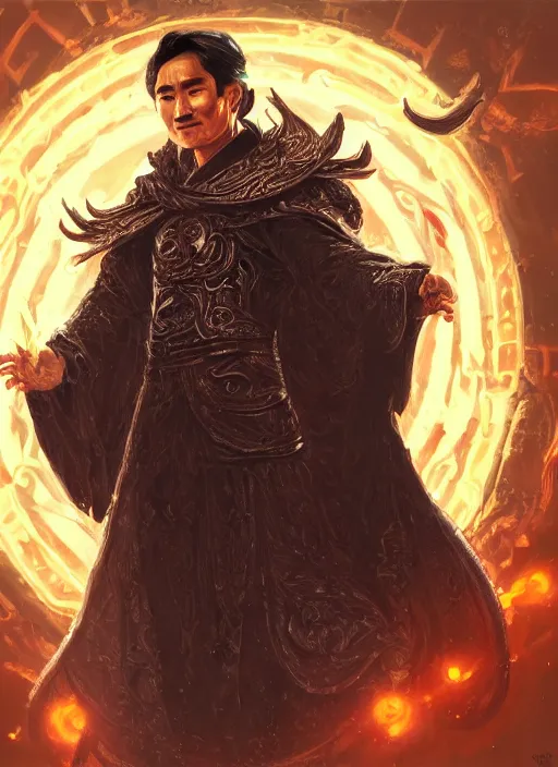 Image similar to a highly detailed illustration of Tony Leung Chiu-wai as wizard wearing ornate black robe and mage hat, dramatic wielding glowing orb pose, with guardian angle floating behind him, intricate, elegant, highly detailed, centered, digital painting, artstation, concept art, smooth, sharp focus, league of legends concept art, WLOP