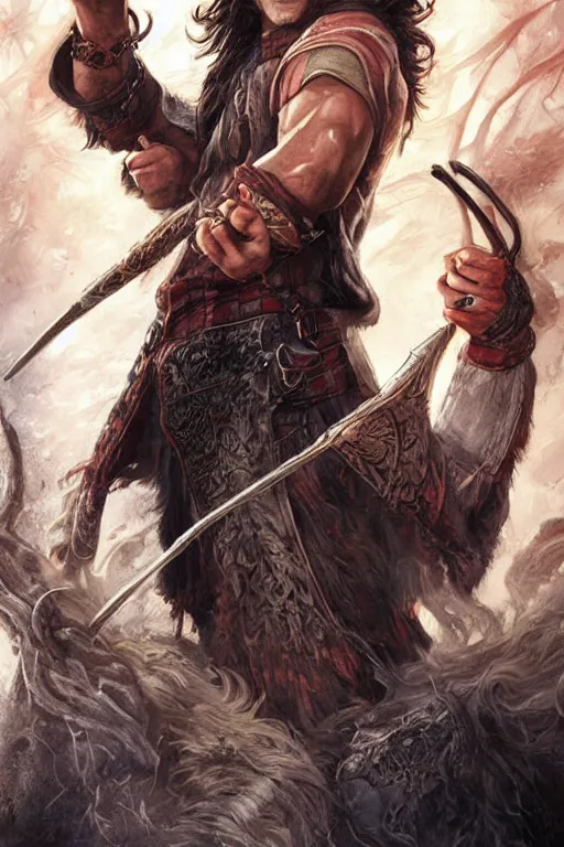 Image similar to front portrait of attractive sam winchester as a highlander in a romance book, fantasy style, sharp focus!, ultra detailed, art by artgerm and peter andrew jones, wlop