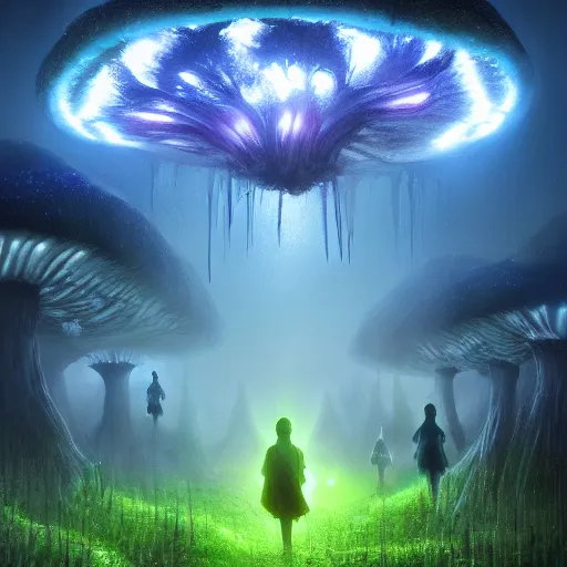 Prompt: eerie glowing mushroom forest with fairies, glowing eyes, raining, fantasy landscape, 8k, ultra detailed, concept art, trending on artstation