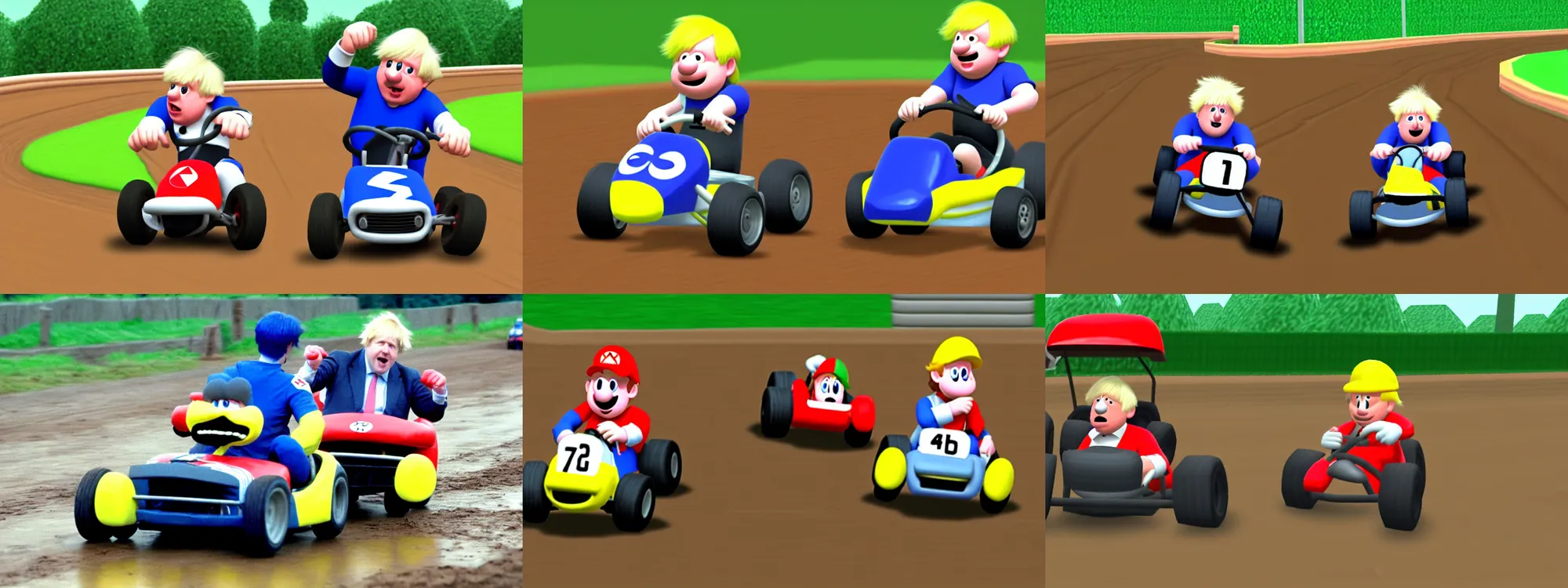 Prompt: Boris Johnson driving as a character in kart double dash. Dirt track, rainy day. Nintendo64