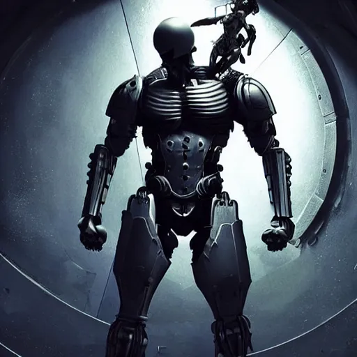 Prompt: a muscular, athletic cyborg assassin in skin - tight futuristic armor in an abandoned space station, skull face, berserk, metal claws, futuristic gun, leaping, attacking, full body, frank frazetta