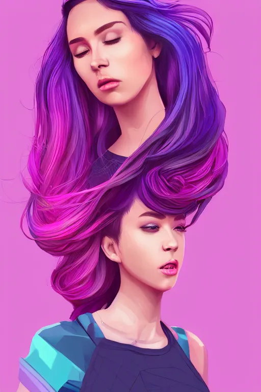 Image similar to a award winning half body porttrait of a beautiful woman in a croptop and cargo pants with ombre purple pink teal hairstyle with head in motion and hair flying, outrun, vaporware, shaded flat illustration, digital art, trending on artstation, highly detailed, fine detail, intricate