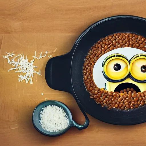 Prompt: a minions eating a dish of hot lentils with grated cheese on top, cursed photography