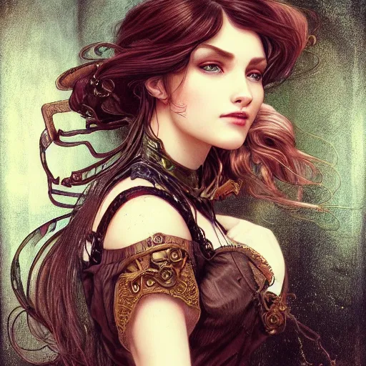 Image similar to a photograpic portrait of a pretty woman, steampunk, fantasy, intricate, elegant, highly detailed, digital painting, artstation, concept art, smooth, sharp focus, illustration, art by artgerm and H R Giger and alphonse mucha