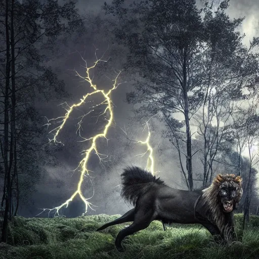 Prompt: epic photography of black lion with gold lightnings in the fur in the middle of the ancient forest , colossal scale, photorealistic, high details, intricate by Nick Nichols and Evgeniy Antonenkov