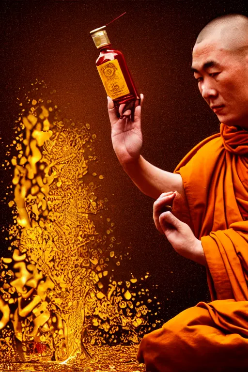 Image similar to highly detailed potrait of buddhist monk with liquid gold coming out of in his mounth by stanley kubrick and tooth wu and wlop and beeple