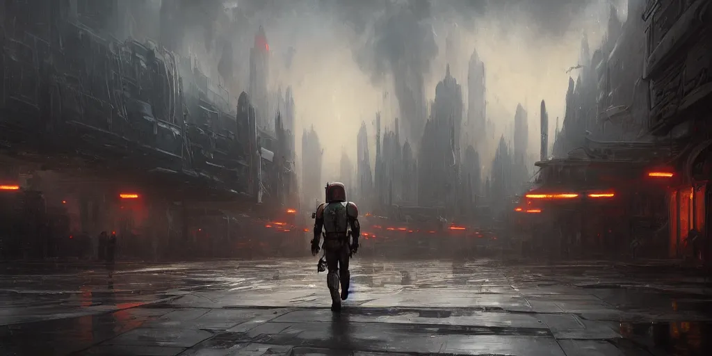 Prompt: a painting of a cinematic keyframe of a star wars mysterious boba fett walking into a cinematic landscape city, heavy atmosphere and smoke by greg rutkowski, rule of thirds, golden ratio, ambient lighting, wlop, artgerm, artstation, highly detailed masterpiece, dark fantasy art, high detail, trending on artstation