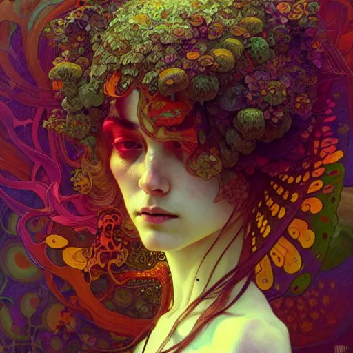 Image similar to An extremely psychedelic portrait, surreal, mushrooms, DMT, LSD, face, detailed, intricate, elegant, lithe, highly detailed, digital painting, artstation, concept art, smooth, sharp focus, illustration, art by Krenz Cushart and Artem Demura and alphonse mucha