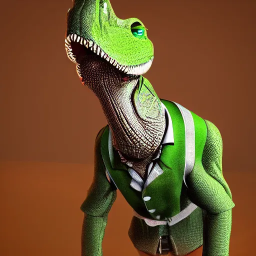 Image similar to anthropomorphic alligator wearing a vest, cinematic lighting, digital art