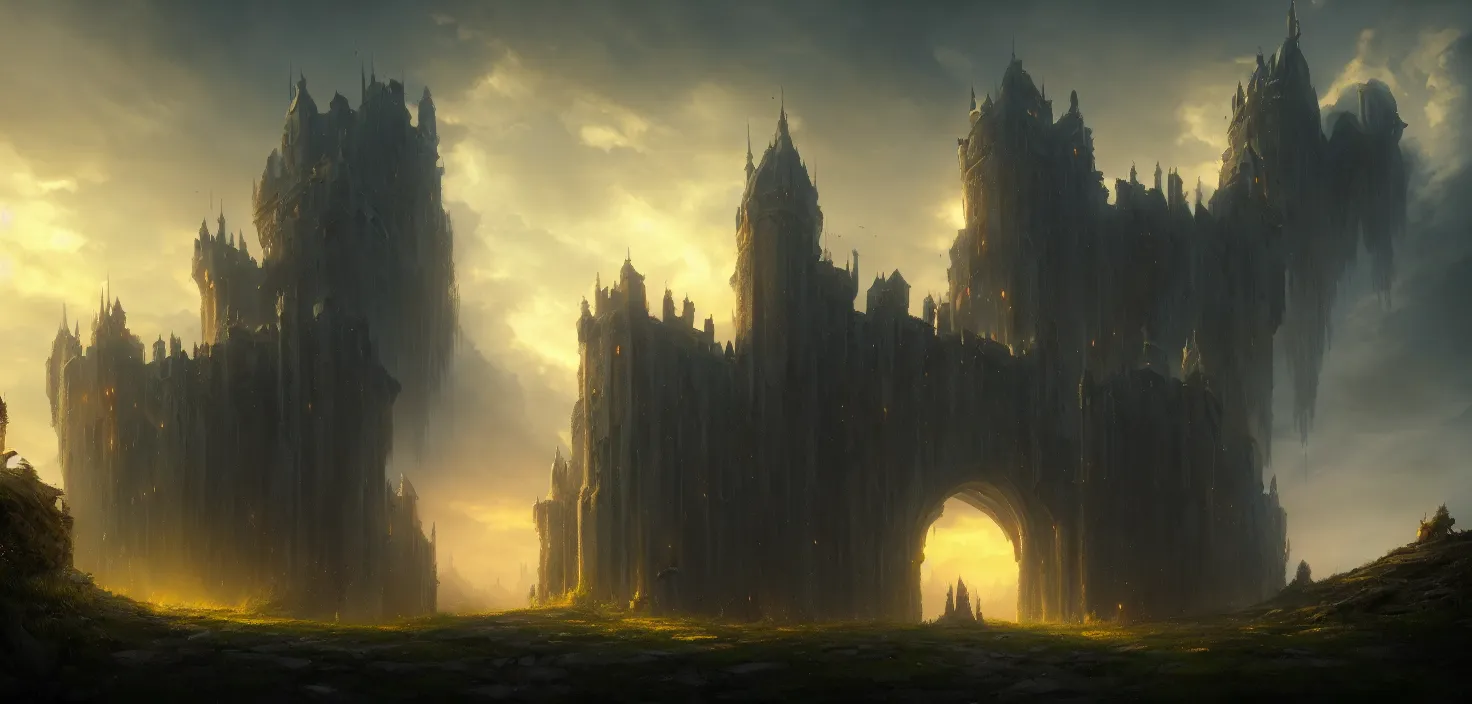 Prompt: an imposing and highly fantasy gate to castle with windows, cinematic view, epic sky, detailed, concept art, low angle, high detail, warm lighting, volumetric, godrays, vivid, beautiful, trending on artstation, by jordan grimmer, huge scene, grass, art greg rutkowski