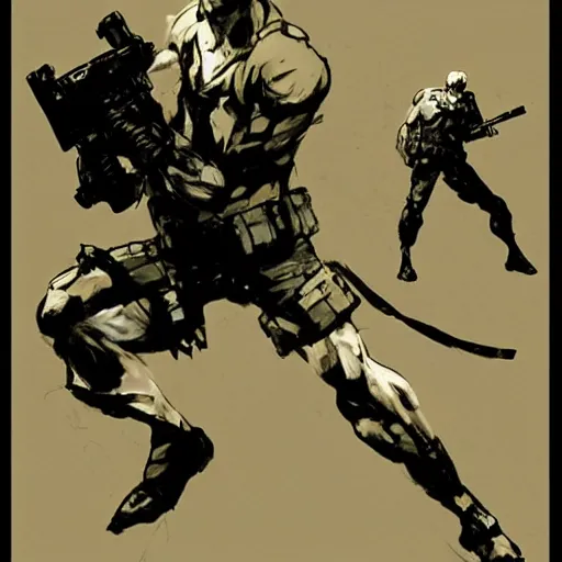 Prompt: solid snake fighting!!!!!! sam!!!!!! fisher!!!!!! by yoji shinkawa, concept art, duel