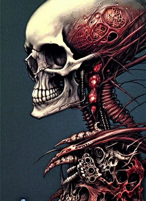 Prompt: a side view of skull with punk mohawk, highly detailed, art by Ayami Kojima, Beksinski, Giger