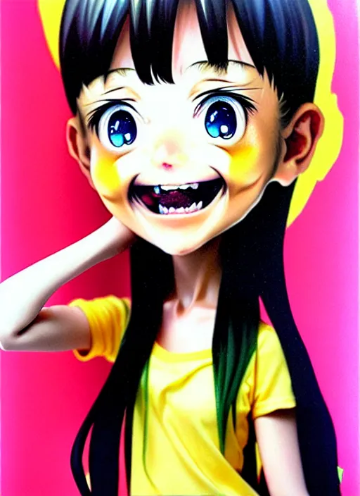 Image similar to a hyperrealistic oil panting of a kawaii anime girl figurine caricature with a big dumb grin featured on nickelodeon by dave mckean