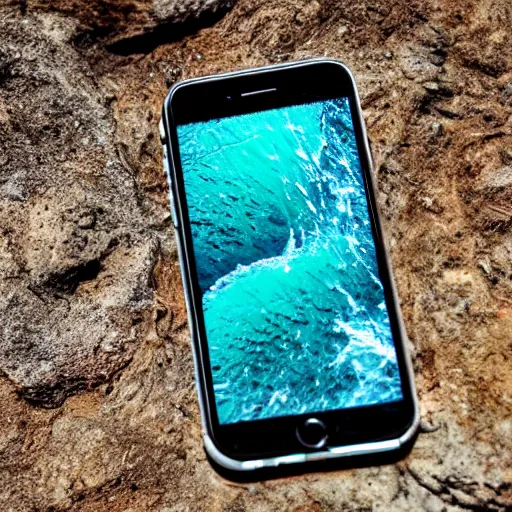 Prompt: fossilized iphone partially embedded in rock