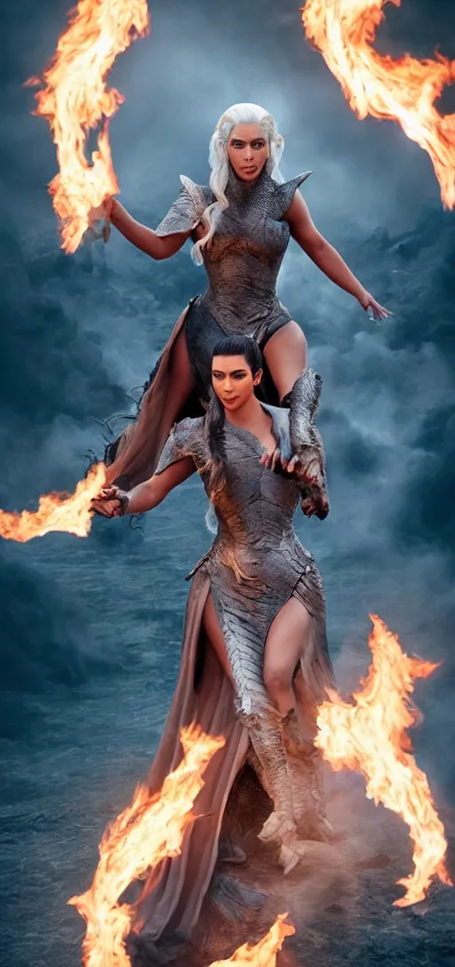 Image similar to full-body photograph of Kim Kardashian as Daenerys Targaryen riding a dragon blowing a flame, dracarus, majestic lighting, XF IQ4, 150MP, 50mm, F1.4, ISO 200, 1/160s, natural light