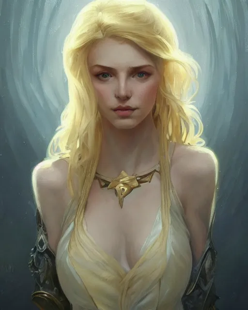 Image similar to '' Portrait of Beautiful blonde Slavic woman in her early 30’s, league of legends, LOL, fantasy, d&d, digital painting, artstation, concept art, sharp focus, illustration, art by greg rutkowski and alphonse mucha ''