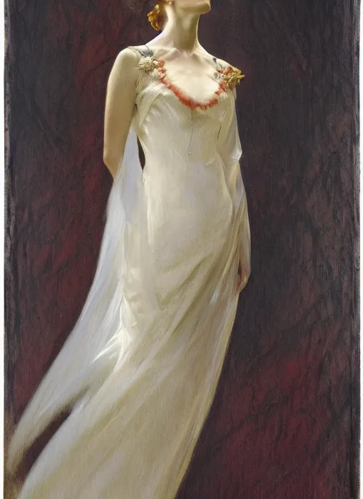 Image similar to an oil painting of a woman in a flowing white gown standing in a hazy, gloomy, dark room, art nouveau in the style of john singer sargent, greg rutkowski, maxfield parrish and alphonse mucha